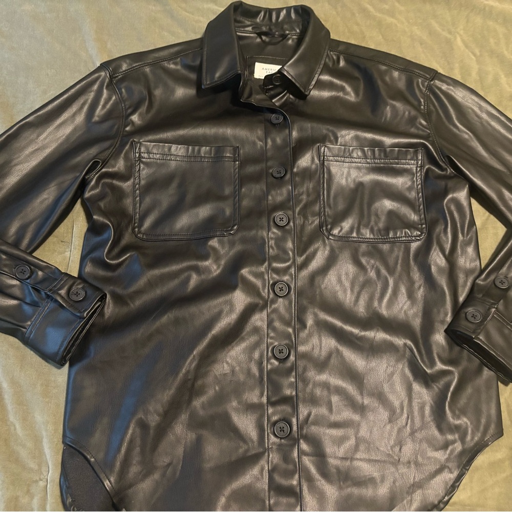 Black Faux Leather Oversized Button-Up Shacket